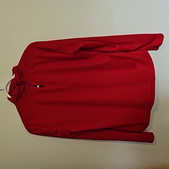 Red Bedford Fair 1980s Blouse with ruched turtle neck and 3 button clasp. SZ.L - Picture 2 of 8